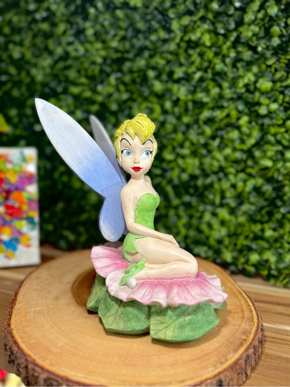 Disney Tinker Bell Figurine in Green Dress with Pink Flower Base